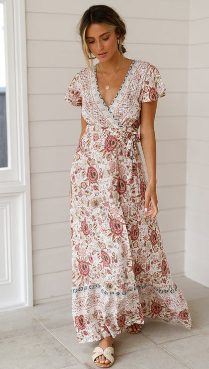 Sixsr Vintage chic vestidos women Floral print bat sleeve beach long Bohemian maxi dress Ladies sexy V neck  Summer Boho happie  dress