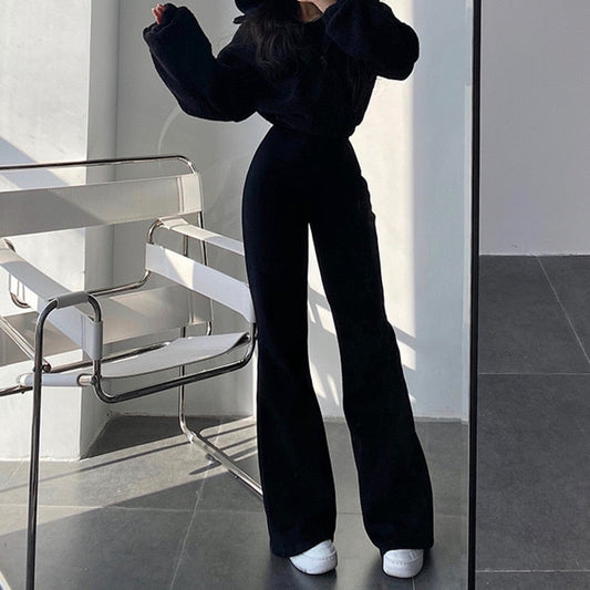 Sixsr New High Street Elastic Waist Solid Color Flare Pants For Women Spring Autumn Thick Casual Female Trouser BSXM new years eve outfits women