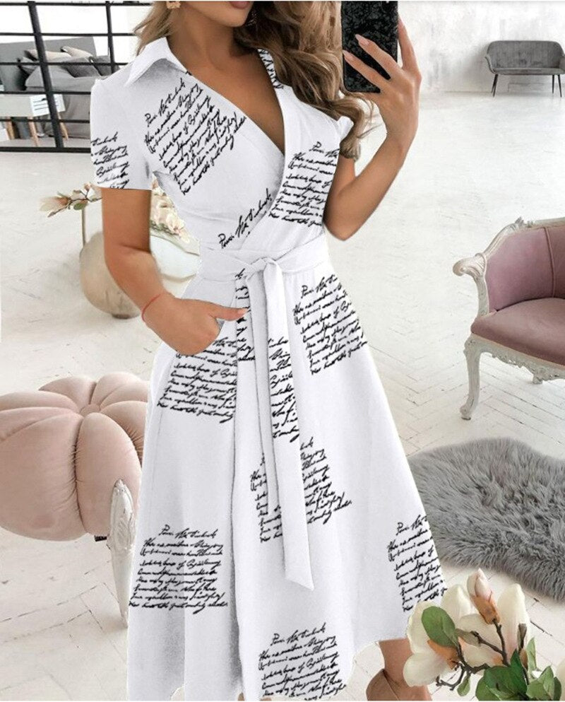 Sixsr Spring and Summer Fashion New Party Dress Short-sleeved V-neck Retro Dress with Printed Belt