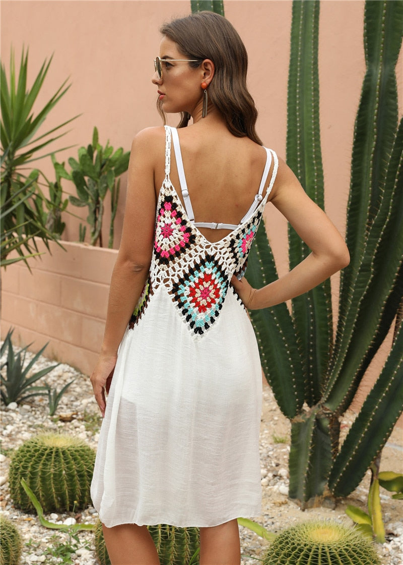 Crochet Beach Cover-ups Summer Tunic Cover Up saida de praia Knitted Swimsuit Ups for Women Vestido Playa Mujer White Dress