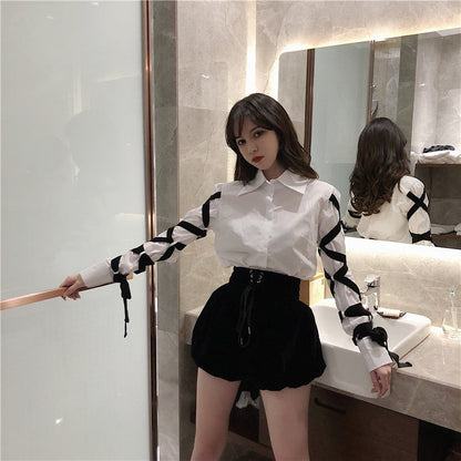 Sixsr Womens Fashion Casual Office Lady Female Blous Long Sleeve Shirt Women Stitching Black Ribbons  Spring Top Blouse 16W057