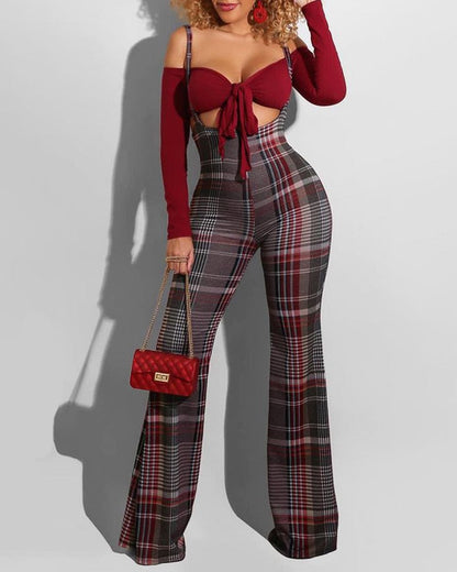 Women Fashion Elegant Casual Plaid Colorblock Suspender Pants