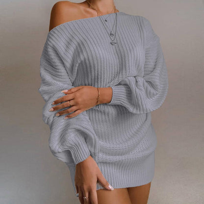 Sixsr The hottest ladies casual off-shoulder lantern sleeve knitted sweater dress