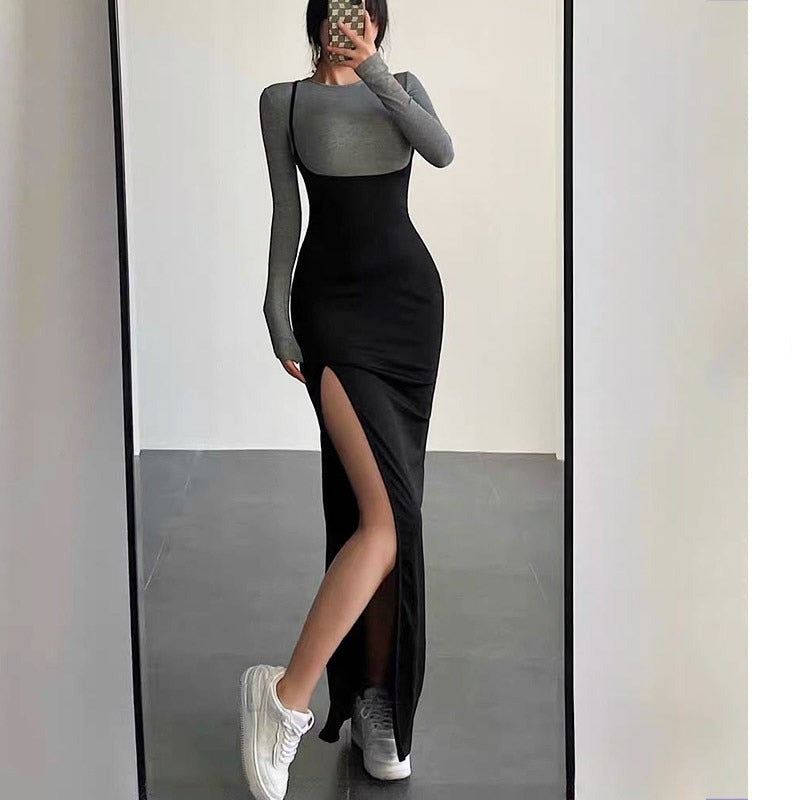 Sexy Split Design Dress Set Autumn Spring Long Sleeve T-Shirt Women Two Piece Set Elastic Slim 2 Piece Suit Y2K