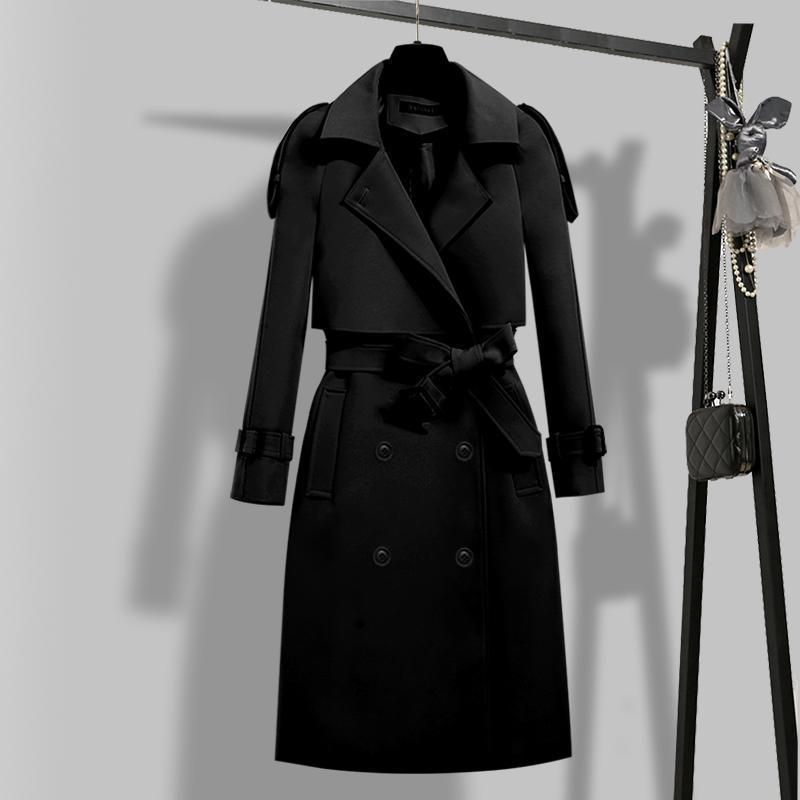 Sixsr Women Trench Coat Solid Double Breasted Trench Autumn Winter Elegant Vintage Turn-down Collar Warm Windproof Trench with Belt