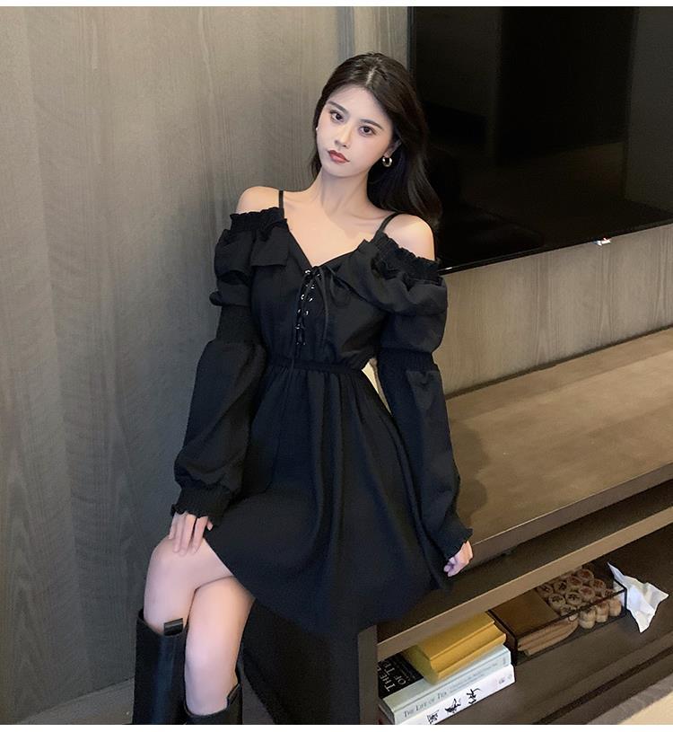 Sixsr Gothic Black Dress Women Casual Button Lace Evening Party Sexy Mini Dress Female Long Sleeve One-piece Dress Korean Autumn