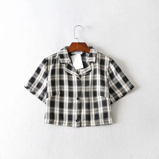 Summer blouse women vintage crop shirt streetwear plaid ladies tops elegant button up shirt korean crop top red