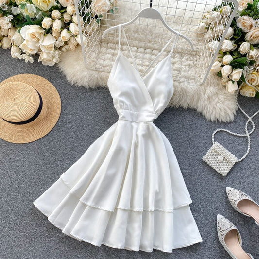 Sixsr Summer Spring Beach Holiday V-Neck Backless Lace Up Ruffles Cakes Solid Elegant Women Lady A-line High Waist Dress