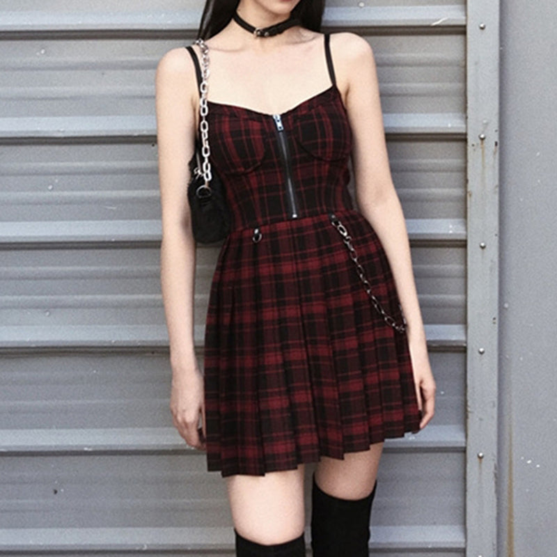 Sixsr Gothic Girls Plaid Pleated Punk Dress Preppy Style Red Black Spaghetti Strap Sexy Sleeveless Mini Short Dresses Goth Streetwear