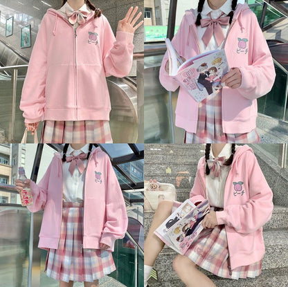 Sixsr  Harajuku Sweet Fruit Print Women Hoodie Pocket Spring Loose Thin Zipper Sweatshirt Girl Cute Pink Plus Size Clothes Among Us