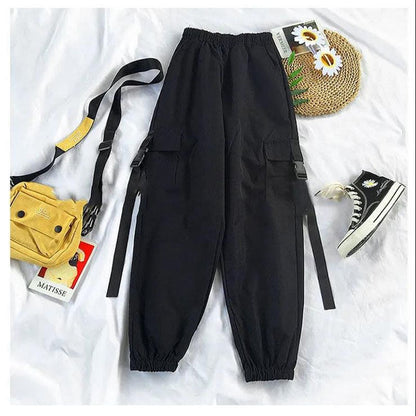 Sixsr Spring Womens Fashion Autumn Streetwear Pants High-Waist Straight Ribbon Cargo Pants Student Loose Short-Sleeved Shirt with Tie two-piece Set