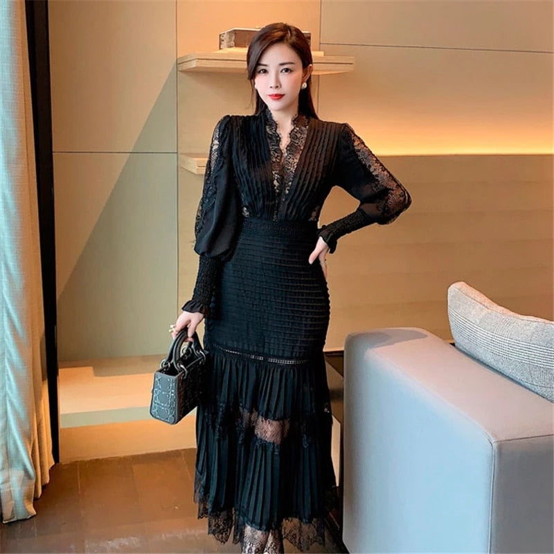 Sixsr High Quality Self Portrait Dress  Women Sexy V-neck Lantern Sleeve Long Sleeved Cake Long Dresses Chic Lace Summer Dress