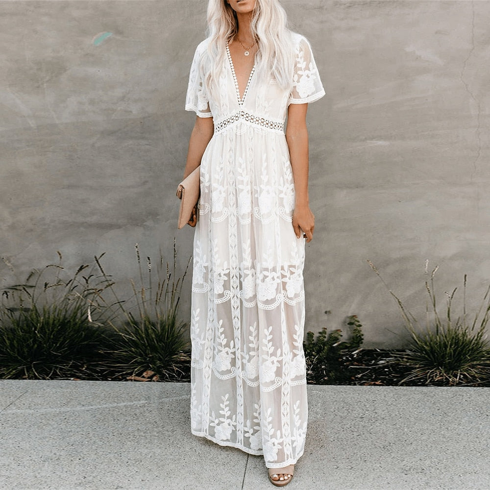 sixsr Summer Boho Women Maxi Dress Loose Embroidery White Lace long Tunic Beach Dress Vacation Holiday Women Clothing