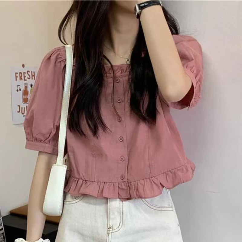 Ruffles Cute Shirt Women Button Up Shirt Summer Blouse  High Waist Puff Sleeve Crop Top Pretty White Youth Clothing Elegant