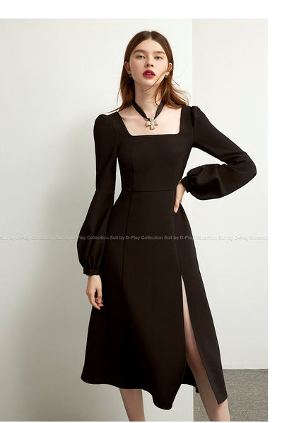 Sixsr Black Retro Split Dress Women Elegant Midi Designer Dress Female Long Sleeve Hepburn Style Chiffon Vintage Dress Fall  Women