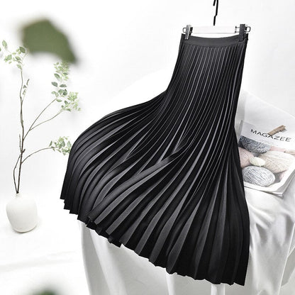 sixsr Brand Designer Women Spring Autumn Elegant Chic Solid Pleated Skirt High Waist Luxury Fashion With Elastic Female C-035