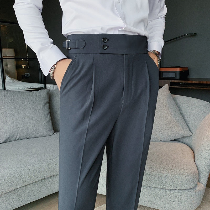 Sixsr New Design Men High Waist Trousers Solid England Business Casual Suit Pants Belt Straight Slim Fit Bottoms White Clothing