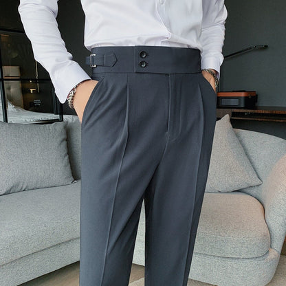 Sixsr New Design Men High Waist Trousers Solid England Business Casual Suit Pants Belt Straight Slim Fit Bottoms White Clothing