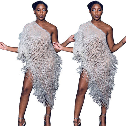 Elegant One Shoulder Celebrity Evening Runway Party Dress Women Fringe Tassels Asymmetrical Club Dress Robe Vestidos De Fiesta