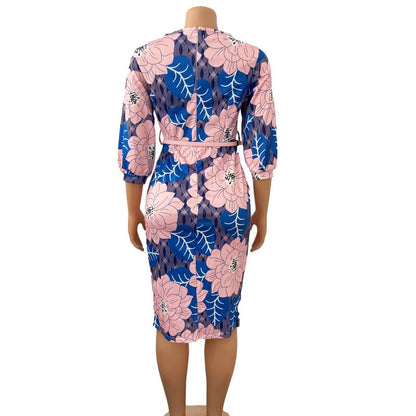Sixsr Women Bodycon Printed Dress Three Quarter Sleeves Midi Office Ladies Work Wear Elegant Classy Vestidos African Female Plus Size