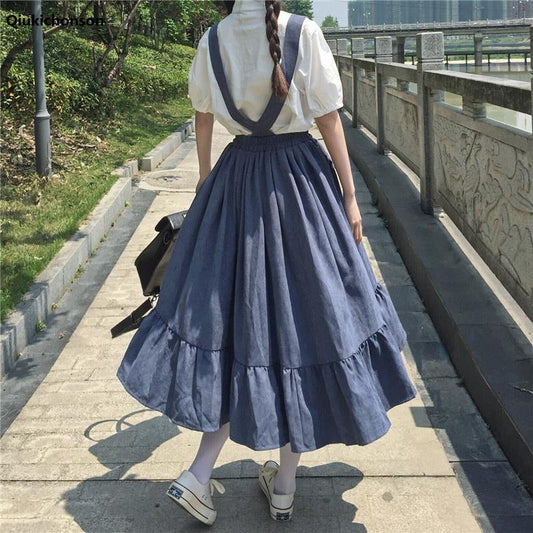 Sixsr  Spring Midi Skirt For Women Spring Summer Japanese Style Kawaii Lolita Skirt Teens Soft Girl High Waist Ruffles Suspender Skirts rok