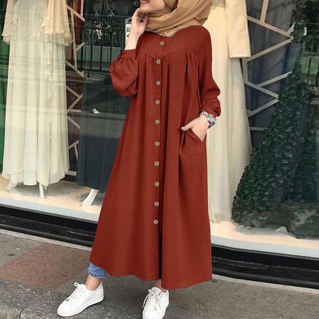 Plus Size Muslim Dresses Woman Shirt Dress Long Sleeve Maxi Vestidos Female Button Robe High Wasit Solid Sundress