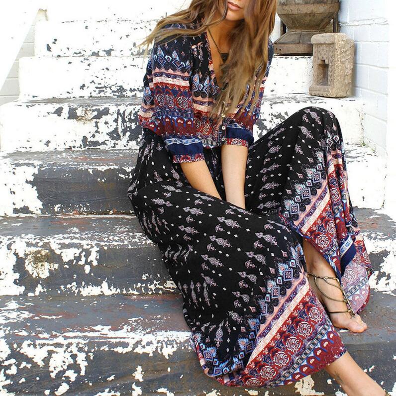 Fashion Summer Boho Beach Dress Fashion Floral Print Ethnic Long Maxi Dress Woman Party Night Elegant Dress