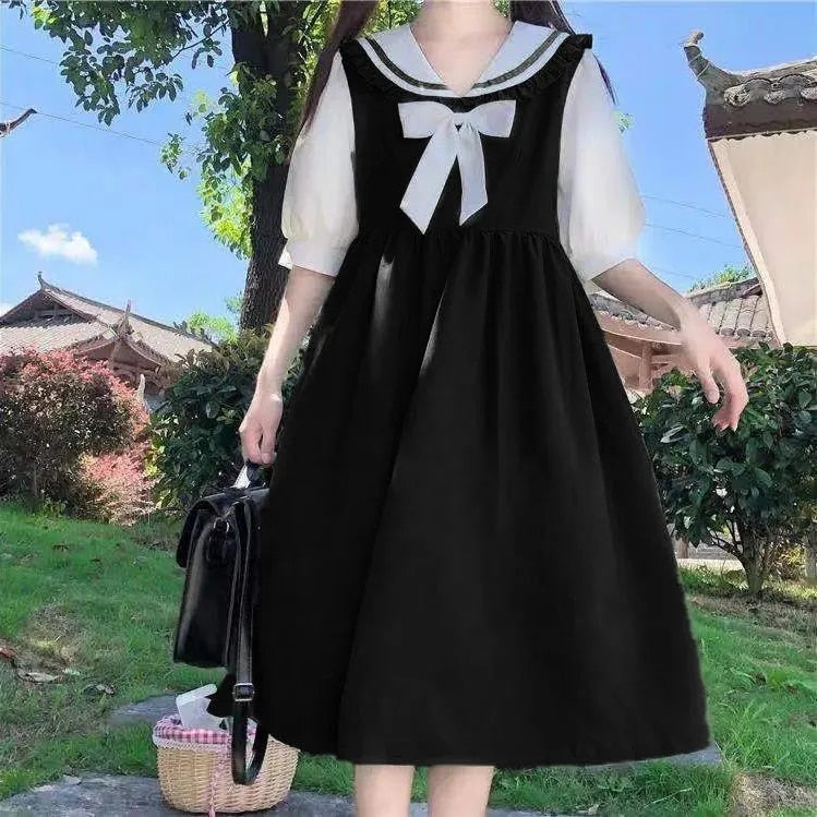 Sixsr Harajuku Sailor Collar Navy Dress Japanese Lolita Sweet Bow-knot Girl Retro Cotton Kawaii Preppy Style Short Sleeve Dress Women