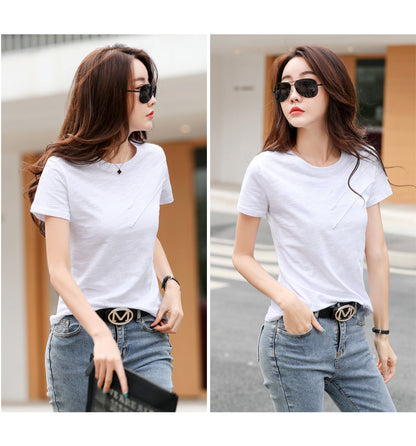 sixsr Short Sleeve Summer Women Ribbed Cotton Tee-Shirts Female Button Loose Casual Fashion T-shirts Blue O-Neck Korea Tops S-3XL