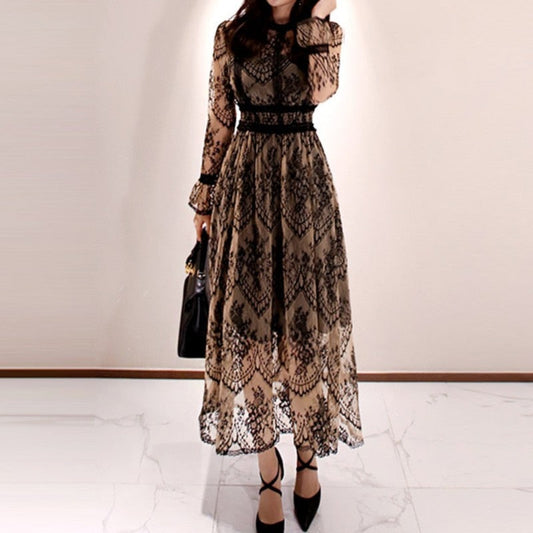 Fashion Outfits Spring Elegant Sexy Women Vintage Lace Long Sleeve O-Neck Robe Femme OL High Waist Casual Slim Party Dresses