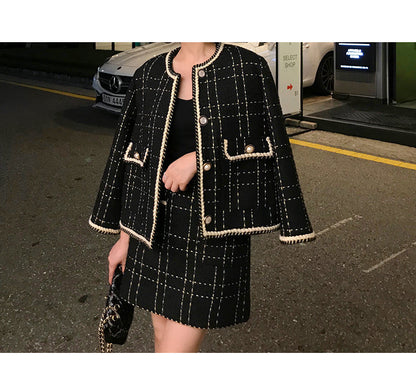 Sixsr European Style Autumn Winter 2 Piece Set Women Short Woolen Tweed Jacket Coat & Bodycon Mini Skirt Set Women Two Piece Outfits