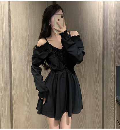 Sixsr Gothic Black Dress Women Casual Button Lace Evening Party Sexy Mini Dress Female Long Sleeve One-piece Dress Korean Autumn