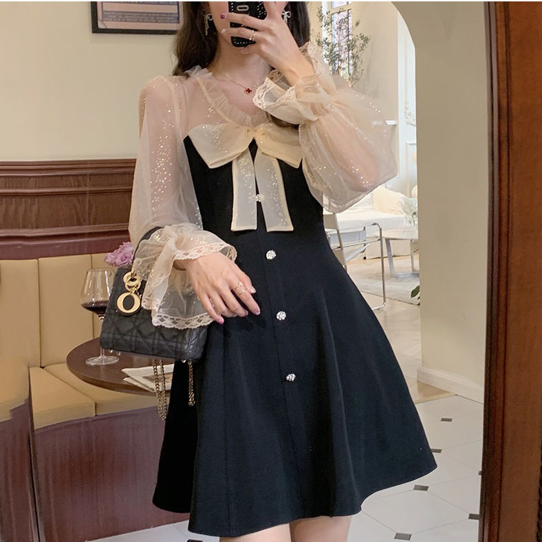 Elegant Mini Party Dress Women Casual Bow Lace Long Sleeve Black Vintage Dress Bow Sexy One Piece Dress Korean Spring Chic