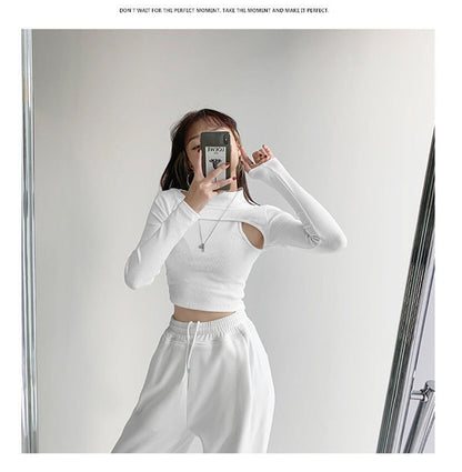 Sixsr  Hollow Knitted Crop Tops Women New Fitness Fake Two-piece T-shirt Female Black White Long Sleeve Tops