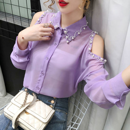 Beading Women's Elegant Blouse Office Outfits Feminine Shirts Off The Shoulder Long Sleeve Top Korean Fashion Designer New