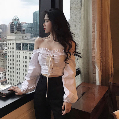 Sixsr Womens Off Shoulder Top Long Sleeve Ruffle Vintage Blouse With Puff Sleeves Lace Up Ladies Tops Bandage Crop Tops Black White