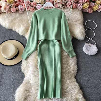 Sixsr New Fashion Autumn Winter Women's Thicken Warm Knitted Pullover Sweater Two-Piece Suits +High Waist dress Set