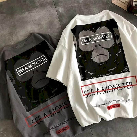 Cool Short-sleeved T-shirt men women Korean loose Harajuku monkey print personality T-shirt hip-hop streetwear bottoming shirt