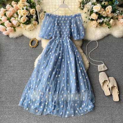 Sixsr Embroidered Off-Shoulder Dresses Fairy Chic Gentle Dress Female New Style Sweet Daisy Printed Mesh Long Floral Dress Female