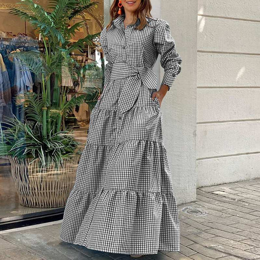 Sixsr Spring Shirt Dress Women Long Sleeve Party Dresses Casual Lapel Button Vintage Belted Pockets Sundress Plaid Printed Robes