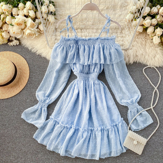 Sixsr  Spring Outfits Sexy ruffles Summer off shoulder short dress spaghetti strap Party elastic waist dress Women casual beach a-line dress