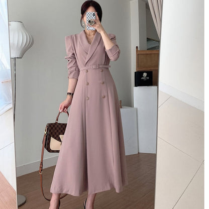 Sixsr New French Spring Elegant Double Breasted Belted Sashes Women Suit Dress Autumn Office Long Sleeve Slim Waist Female Dress