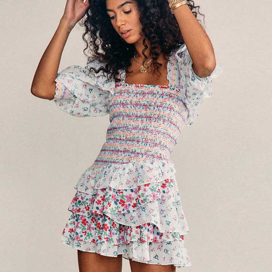 Sixsr Inspired mixed floral prints ruffled party dress puff sleeve square neck smocked sexy laides dress mini chic summer dress