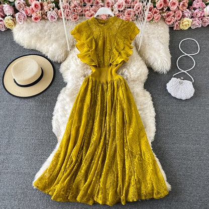 Sixsr Vintage Purple/Green/Red Lace Midi Dress Women Sweet Round Neck Ruffle Vestidos Female High Waist Slim Robe Spring Autumn