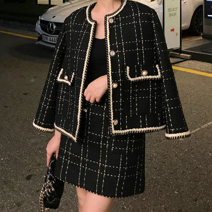 Sixsr European Style Autumn Winter 2 Piece Set Women Short Woolen Tweed Jacket Coat & Bodycon Mini Skirt Set Women Two Piece Outfits