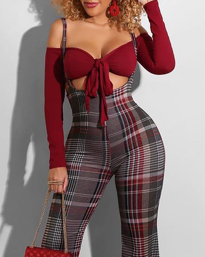 Women Fashion Elegant Casual Plaid Colorblock Suspender Pants