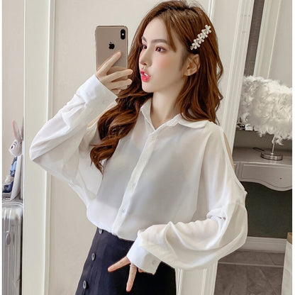 Beading Women's Elegant Blouse Office Outfits Feminine Shirts Off The Shoulder Long Sleeve Top Korean Fashion Designer New