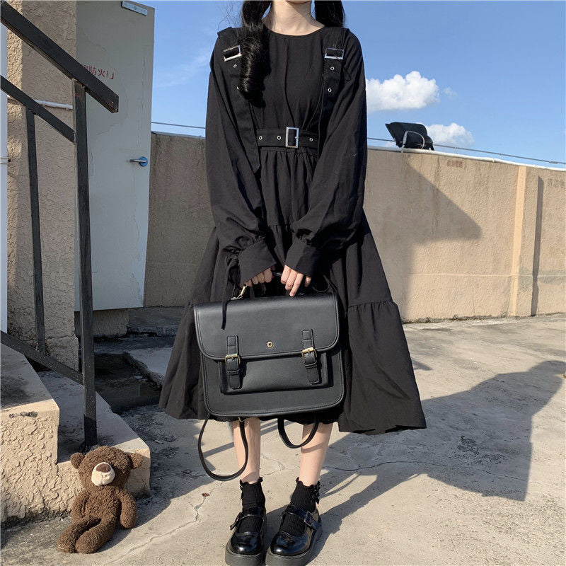 Sixsr Gothic Style Dress Women Harajuku Gothic Lolita Kawaii Dress Punk Cute Long Sleeve Black Midi Dress Emo Mall Goth