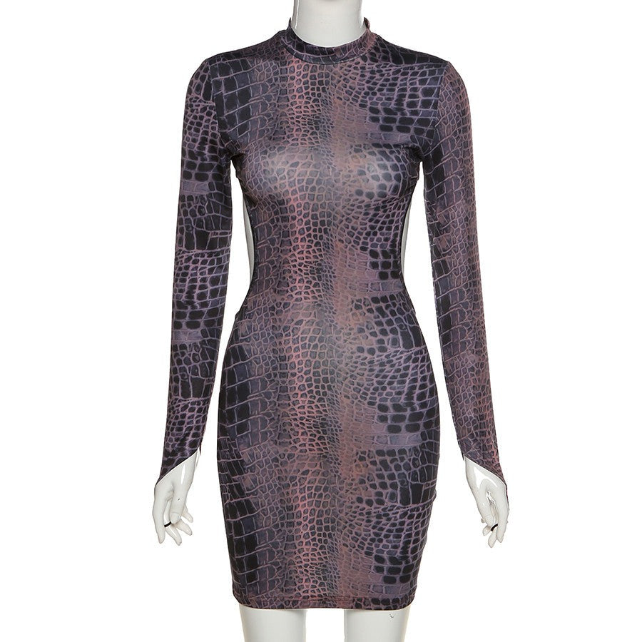 Sixsr Sexy Backless Serpentine Print Mini Bodycon Dress Women Fall Chic Package Hip Streetwear Female Casual Party Club Clothes