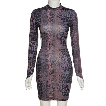 Sixsr Sexy Backless Serpentine Print Mini Bodycon Dress Women Fall Chic Package Hip Streetwear Female Casual Party Club Clothes